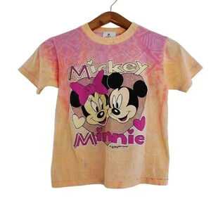Y2K Vintage Disney Mickey and Minnie Pink Orange Tie Dye Baby Tee Size S